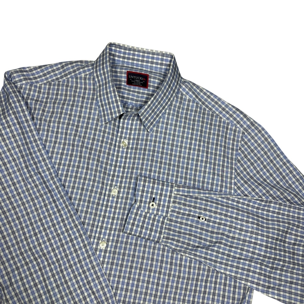 UNTUCKit Durif WF Mens Large Slim Fit Blue Gingham Wrinkle Free Button Down